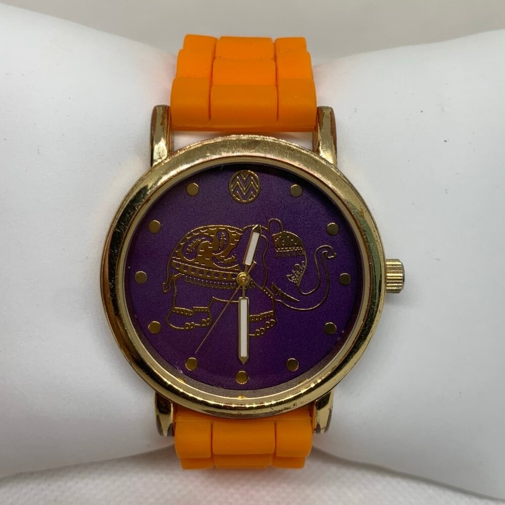 Macbeth Collection women watch gold tone elephant purple dial orange running